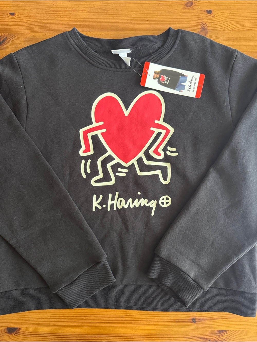 Keith Haring Women’s Black Sweatshirt Pullover with Red Heart Graphic